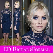 Taylor Momsen Kleid Knielangen Long Sleeve High Neck Lace Cocktailkleid Marineblau Formales Abschlussball-kleid