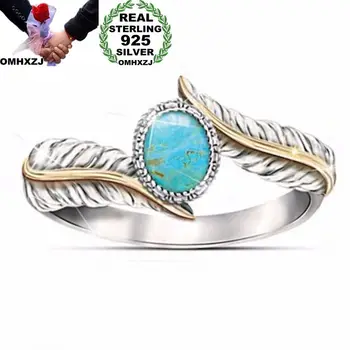 

OMHXZJ Wholesale European Fashion Woman Man Party Wedding Gift Leather Turquoise 925 Sterling Silver 18KT Yellow Gold Ring RR404