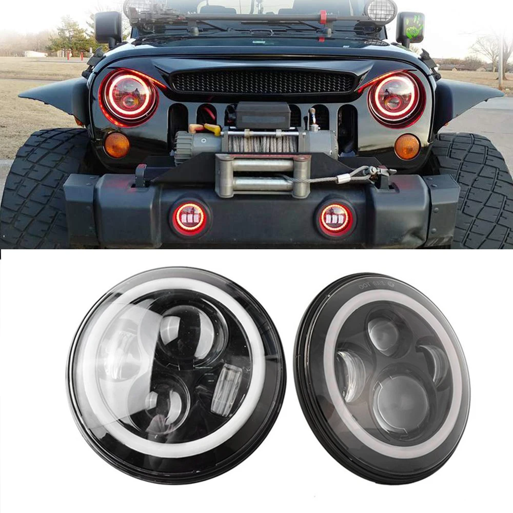 

2 pcs 7 inch Round Led Headlight High Low Beam Light Halo Angle Eyes + 2 pcs 4 inch fog light For Jeep Wrangler Off Road 4x4