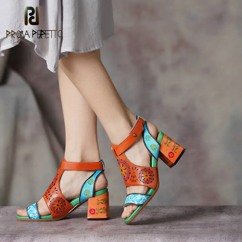 

Prova perfetto Women Leather Sandals High Heels Chunky Summer Ladies Beach Sandals Women 2019 Handamde Genuine Leather Shoes