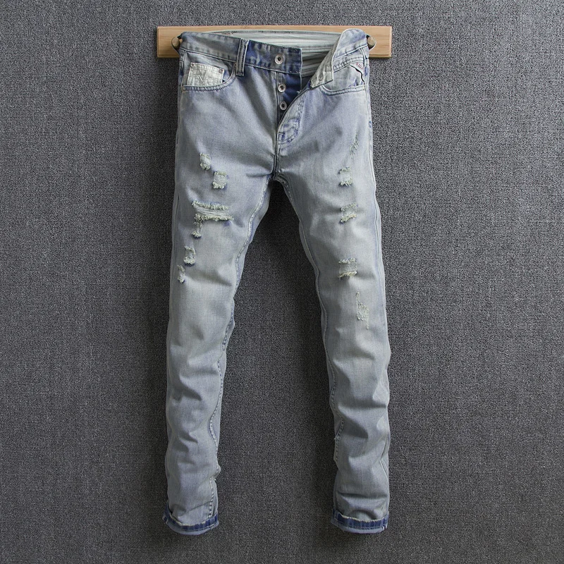 

Fashion Streetwear Men Jeans Light Blue White Wash Skinny Fit Ripped Jeans Brand Designer Hip Hop Buttons Jeans Men Pencil Pants