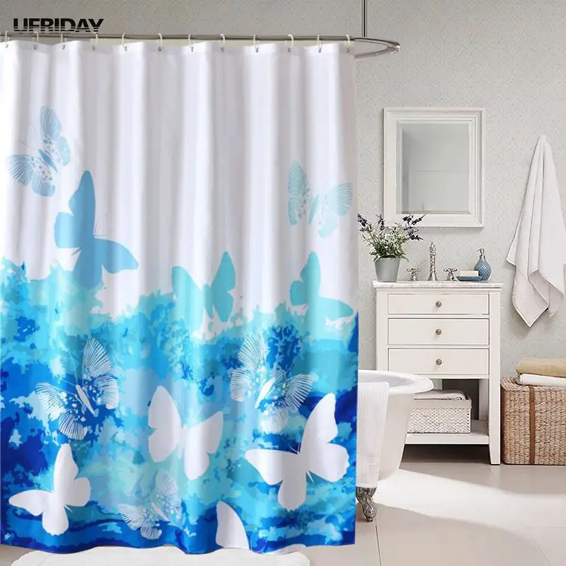 UFRIDAY Blue Butterflies Shower Curtain Polyester Fabric Waterproof Mildew Bath Curtian Plastic