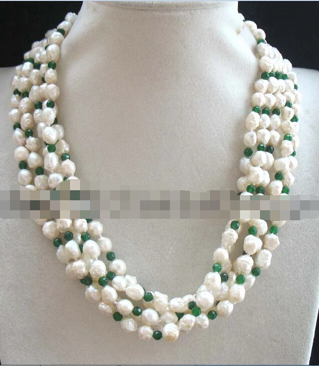 

Beautiful 5rows freshwater pearl baroque white green jade necklace 18" nature (A0325)