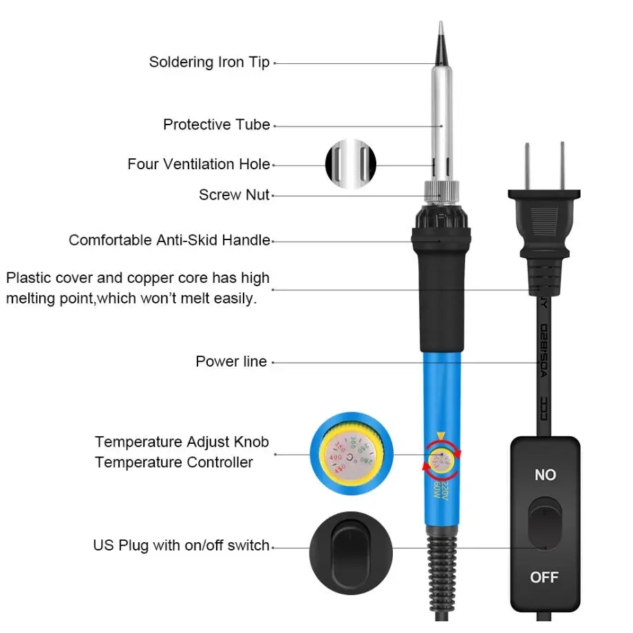 Электрический паяльник с европейской вилкой, 220 В, 60 Вт, температурный набор, 110 В, набор паяльников, 5 шт., наконечники, портативный инструмент для сварки, держатель пинцета - Цвет: 1Pcs Electric Solder