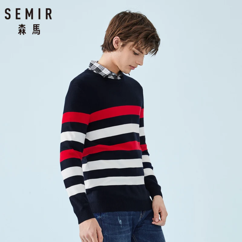 سمير الرجال مخطط غرامة متماسكة سترة عارضة مسقطة الكتف سحب الإفراط سترة مع مضلع Crewneck صفعة و تنحنح الربيع الخريف