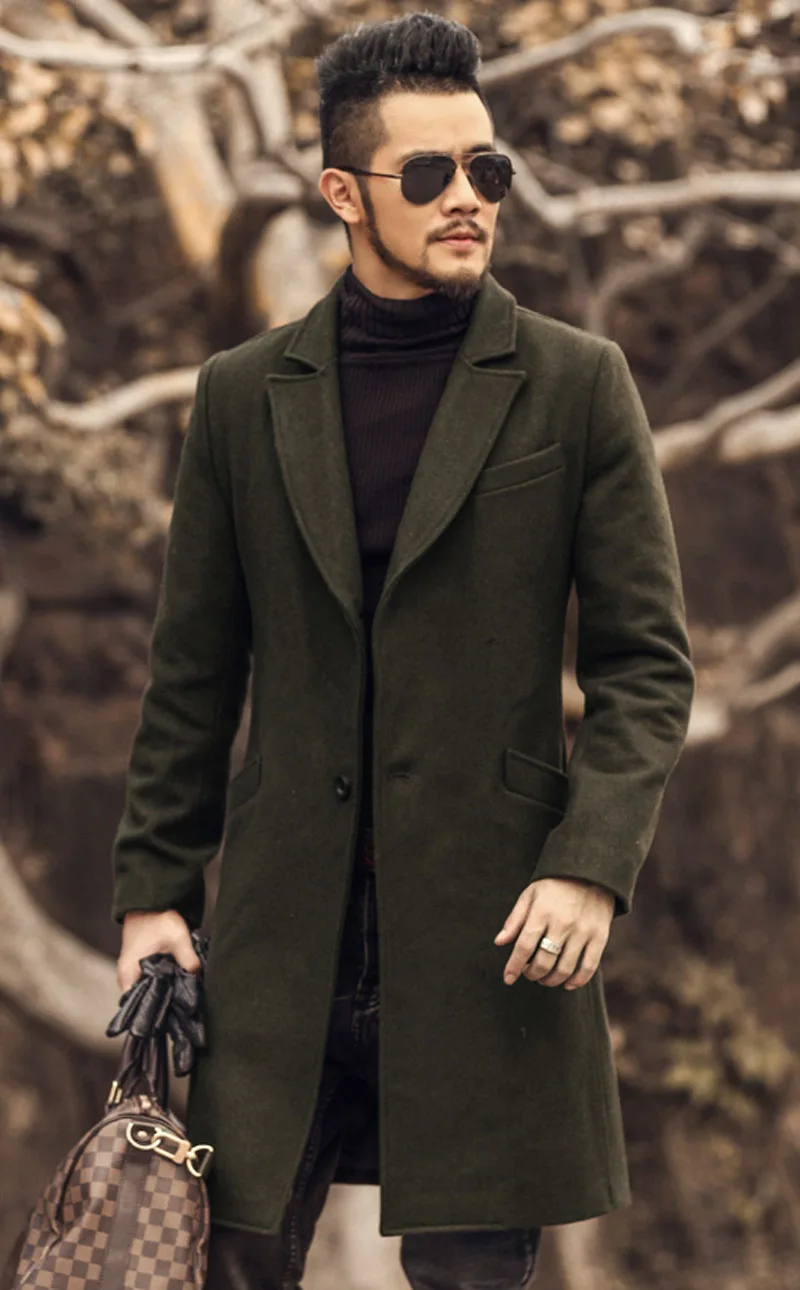 Estilo británico Para Hombre verde del ejército de Lana Gabardina Larga