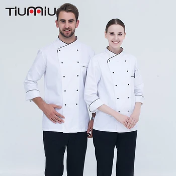 

White M-3XL New Arrival Chef Uniforms Long-sleeved Double Breasted Oblique Collar Kitchen Bakery Restaurant Workwear Chef Jacket