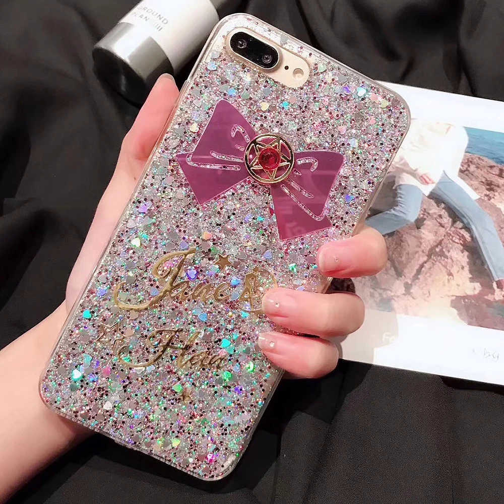 

Cute Cartoon Sailor Moon Case For iPhone X 8 7 Plus 6 6s Plus Comics Paillette 3D Flash Powder Glitter Back Funda Cover Coque