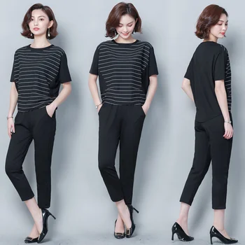 

Plus Size 5xl Women's Summer Suit Striped 2 Piece Set Women Ensemble Femme Deux Pieces Woman Suit Women Two Piece Outfits