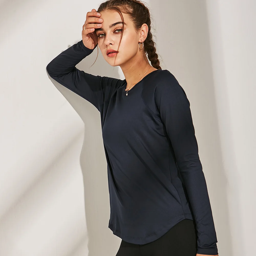 Женская Спортивная футболка для занятий йогой Спортивная одежда для бега тренировочная фитнес тренировки рубашка тонкая одежда с длинными рукавами - Цвет: navy