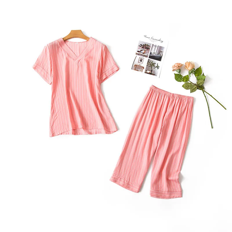 

Women new pajamas spring and summer ladies cotton round neck pullover seven point sleeve trousers pajama sets pajamas for women