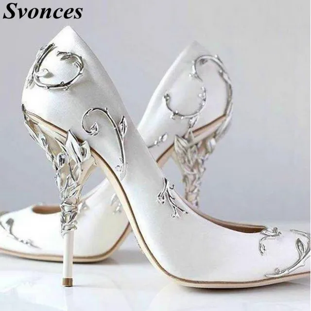 Svonces Luxury White Silk Women Pumps Chic Satin Las Stilettos Svonces Luxury White Silk Women Pumps Chic Satin Las Stilettos Pointed Toe Jeweled Bridal Shoes Wedding
