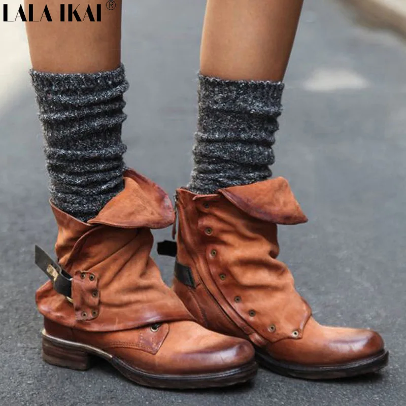 

LALA IKAI Women Boots Autumn Square Heels Ankle Boots Round Toe Vintage Boots Buckle Strap Ladies Boots Female XWN1364-45