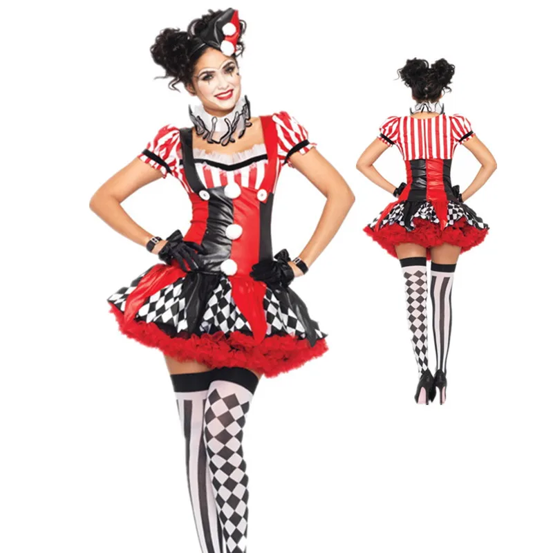 

Adult Funny Harley Quinn Cosplay Womens Harlequin Fancy Dress Clown Circus Party Gown Cosplay Joker Clothing Halloween Costume