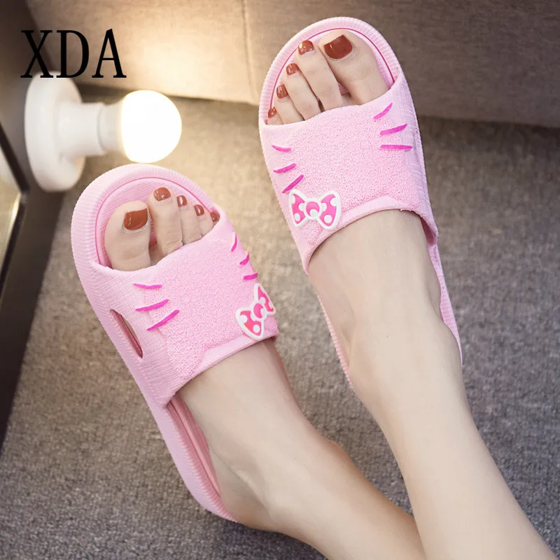 

XDA Summer Women slipper Fashion Casual Cute Hello Kitty Kitten Cartoon Pattern Open Toe slipper Thick Sole Flat Slippers Shoes