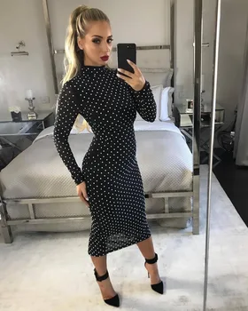 

Autumn and winter Bandage Dress High Quality Long Sleeve Black Dot Celebrity Sexy Fashion Party Pub Bodycon Long Dresses