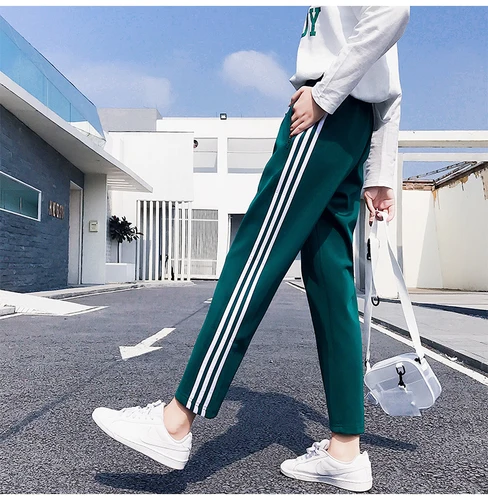 

2019 Spring Side Striped Hip Hop Sweatpants For Women High Waist Harajuku Pants Loose Harem Pants Plus Size Green Trousers Femme