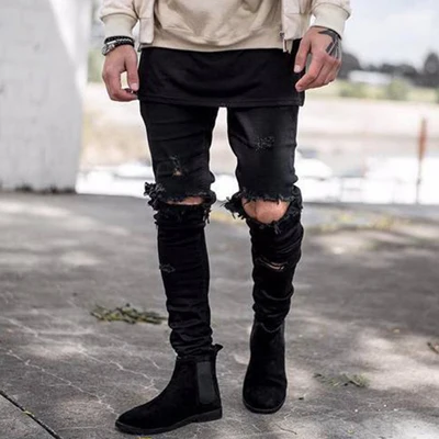April MOMO высокие уличные мужские рваные джинсы с большими дырами, повседневные Прямые Штаны для скейтборда - Цвет: Black