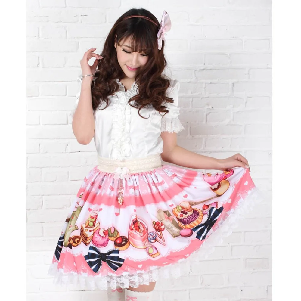 

Gothic Pink Polyester Lace candy Printed sweet japanese Lolita girls fashion Skirt
