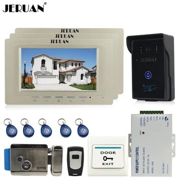 

JERUAN 7 inch LCD Video Intercom Door Phone System + 3 monitors + Waterproof RFID Access Camera+Remote + power + Electric lock