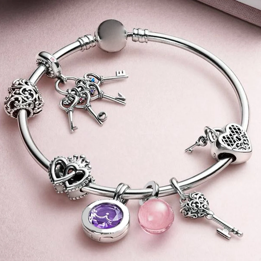 

YCH 100% 925 Sterling Silver REGAL PATTERN HEART CHARM Interlocked Crown Hearts LOVE YOU LOCK Keys CHARM Good Bracelet Set