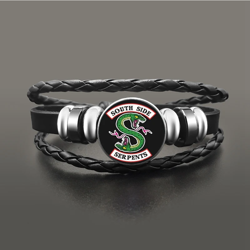 

TV Riverdale South Side Serpents Black Leather Bracelet Jeweley Glass Dome Button Snaps Bracelets Punk Wristband Accessories
