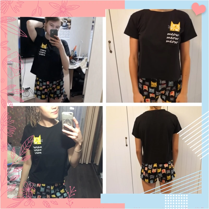 Dotfashion Футболка с принтом кота и шорты, пижамный комплект, Летний женский короткий рукав, опрятная Пижама с буквенным принтом, пижамный комплект с карманом