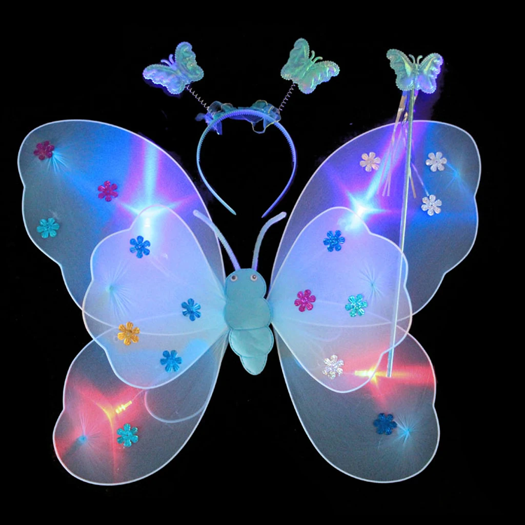 3 x Kids girls Fairy Princess Costume Sets Colorful Stage Wear Butterfly Wings Wand Headband Tutu Skirt Accessory Multi Color 