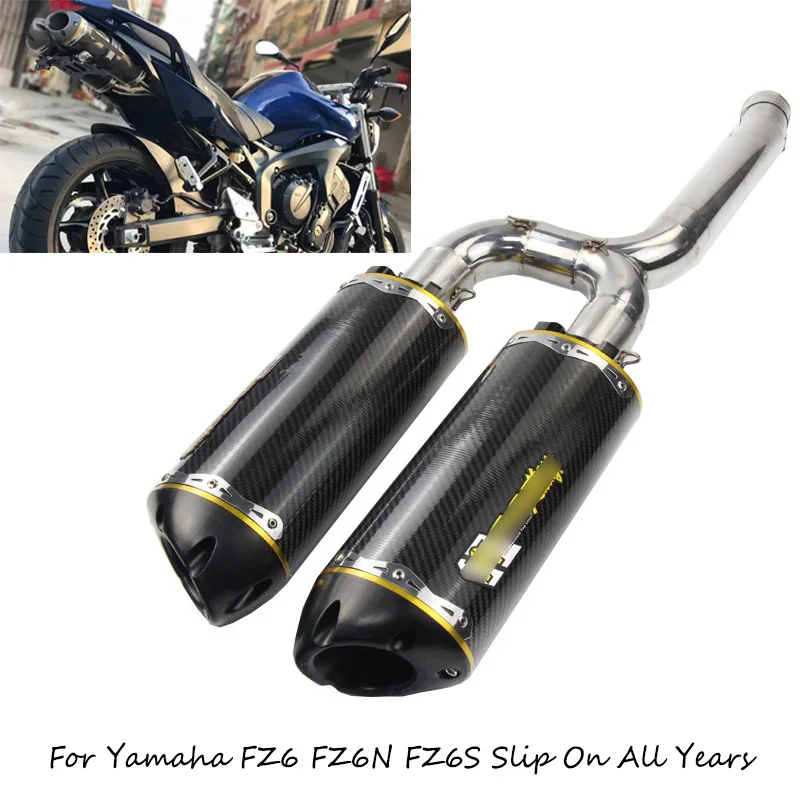 

For Yamaha FZ6 FZ6N FZ6S Motorcycle Exhaust Pipe Slip On Mid Tail Pipe Dual-outlet Link Elbow + 2 51 mm Escape No DB Killer 385