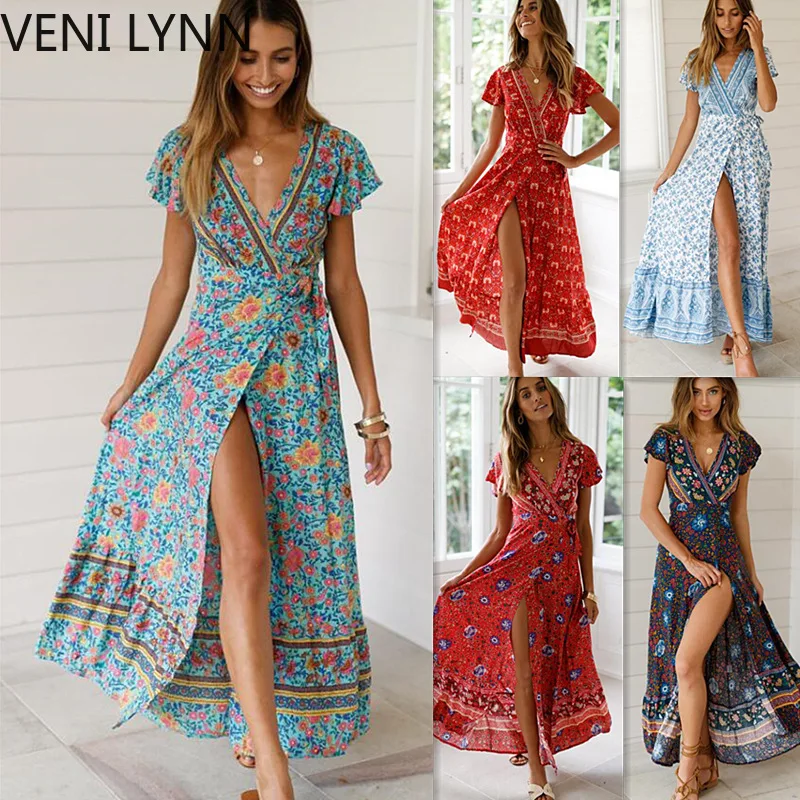 

VENI LYNN New Popular 2019 Summer Women V-neck Short Sleeve Boho Bohemian Print High Split Beach Long Dress Wrap Maxi Dresses