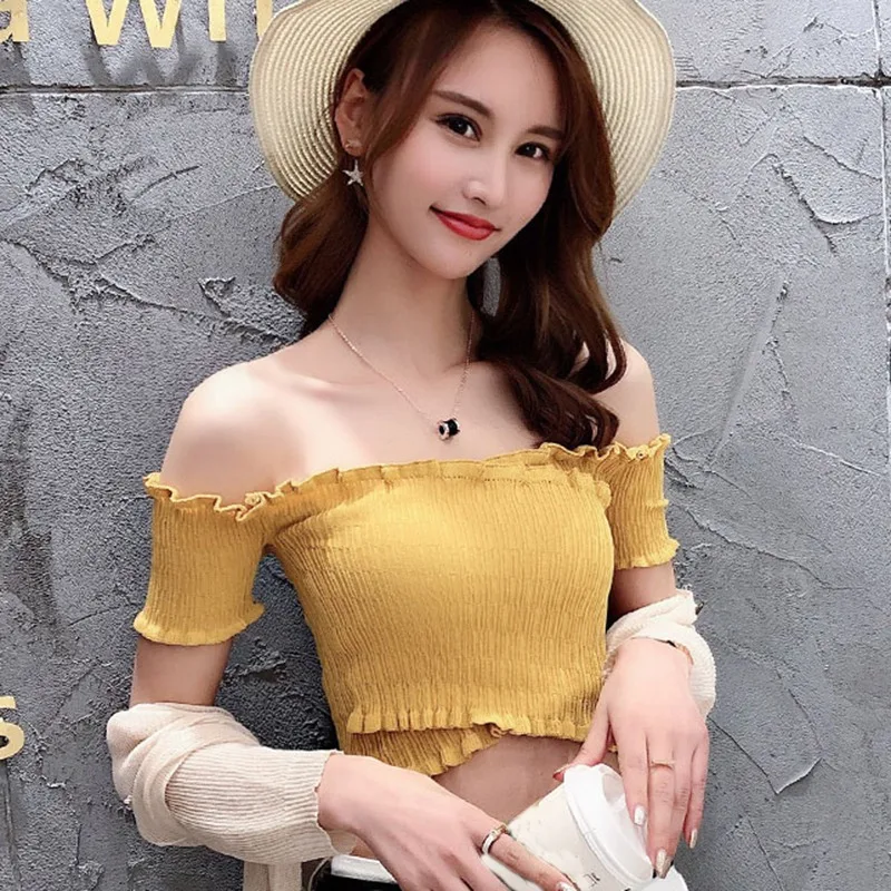 

Summer Flare Sleeve Women Slash Neck Top Short Sleeve Knitted Ruffles T-Shirt Off-shoulder Sexy 2019 Women Elegant T-shirt