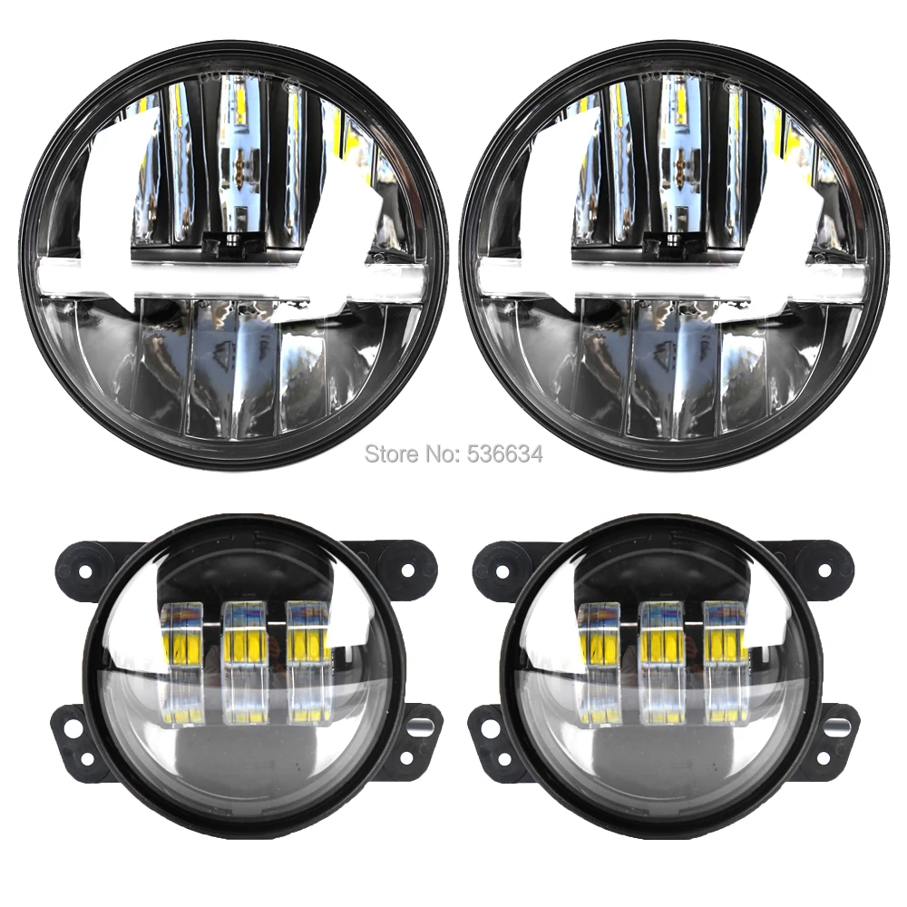 7" Led Round Headlights DRL White&Amber Hi/Low H4 Auto + 4inch Auxiliary Passing Led Fog Lights