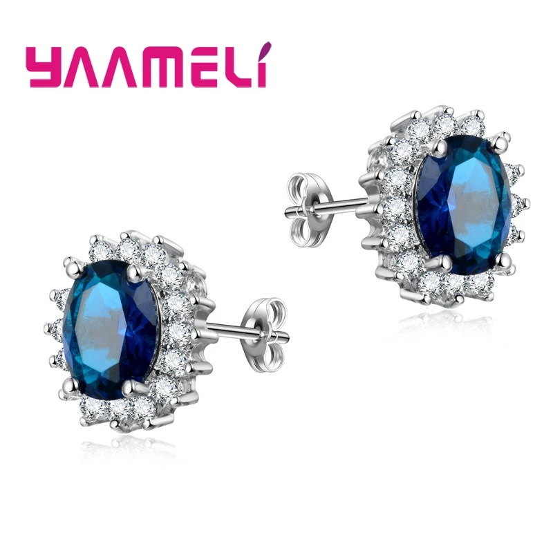 

YAAMELI Top Quality 925 Sterling Silver Stud Earrings Princess Cutting Oval Shaped Cubic Zircon CZ Crystal Jewelry for OL Women