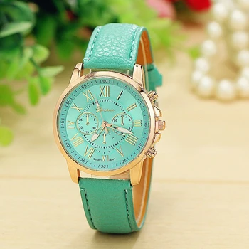 2016 New Fashion Women Watch Geneva Rose Gold Roman Numerals Leather Quartz Watch Ladies Dress Wristwatch Relogio Feminino Clock