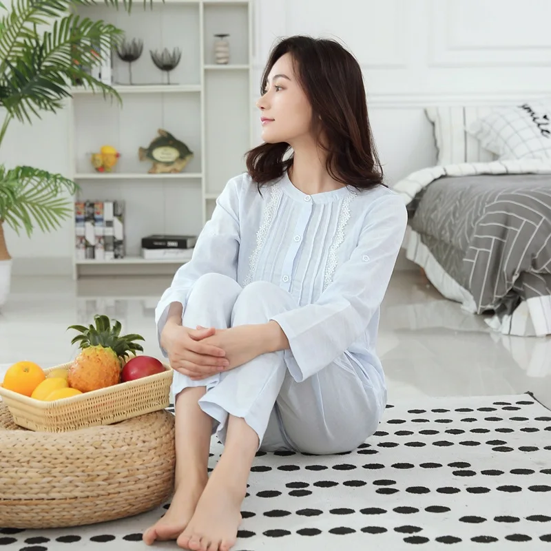 Spring Autumn Season Cotton Gauze Pajamas Women Long Sleeved Lace Sweet