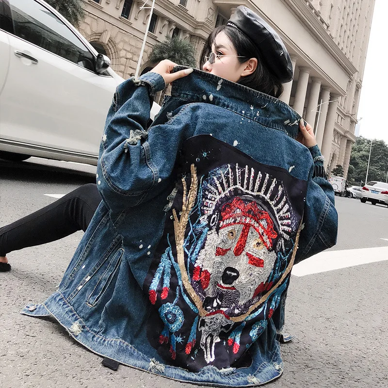 

High class2019BF heavy work beaded wolf totem sequins hole denim jacket female jacket womens stockings