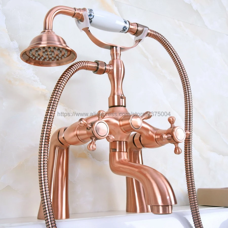 Antique Red Copper Bathtub Faucet Wall Mount Handheld Bath Tub Mixer System with Handshower Telephone Style Nna155