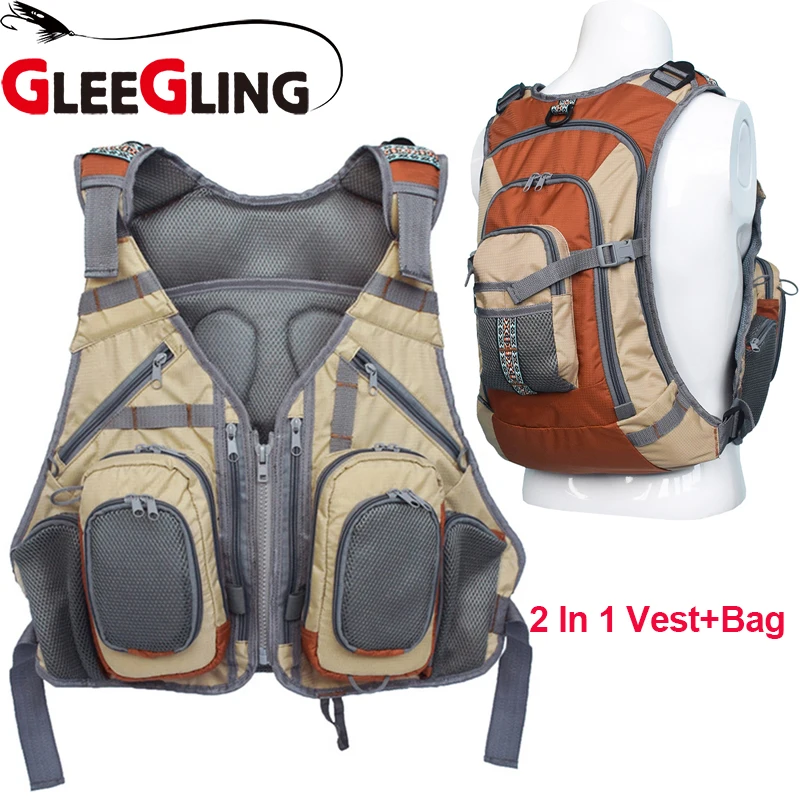 

GLEEGLING 2 In 1 Fishing Vest+ Fishing Bag Backpack Breathable Multi Pocket Cycling Fishing Vest + Backpack Waistcoat Jackets