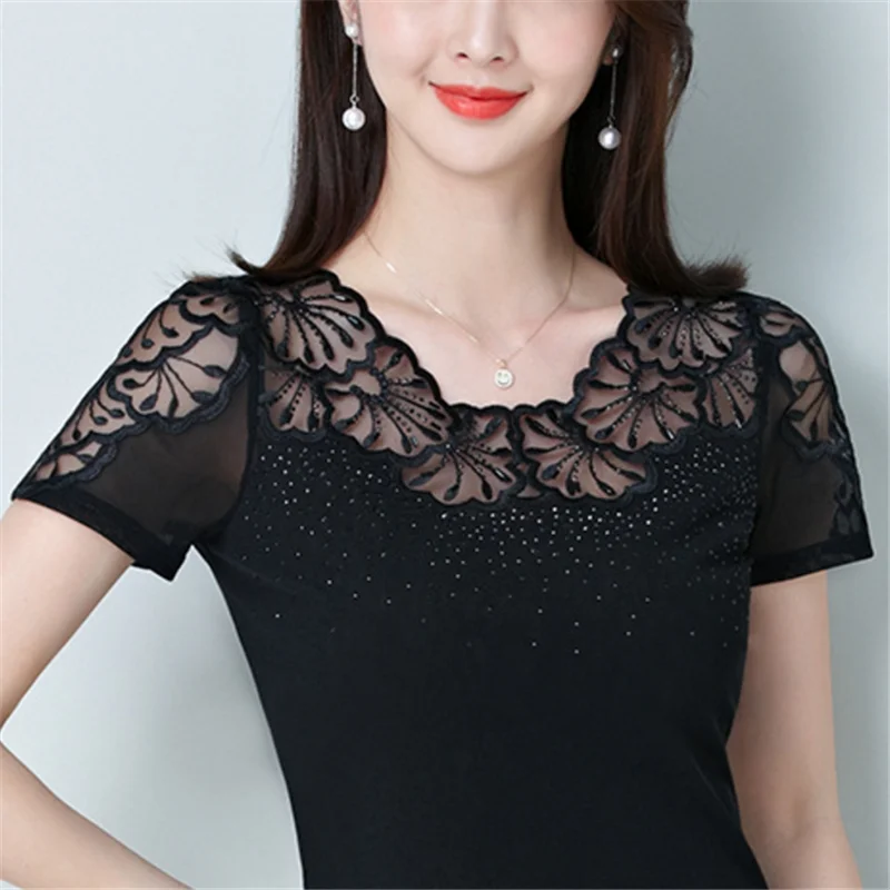 XXXXL сетки вышитые кружева алмаз Camisetas Mujer 2018 летняя футболка Для женщин с горный