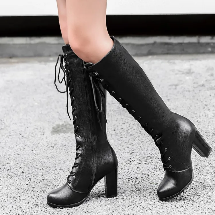 PXELENA Retro Punk Gothic Long Boots Women Lace Up Square High Heels