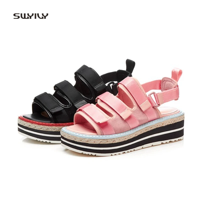 

SWYIVY Women's Sandals Platform Genuine Leather 2018 Summer Casual Shoes Hook Loop Lady Wedge Rome Sandals Comfortable Pink