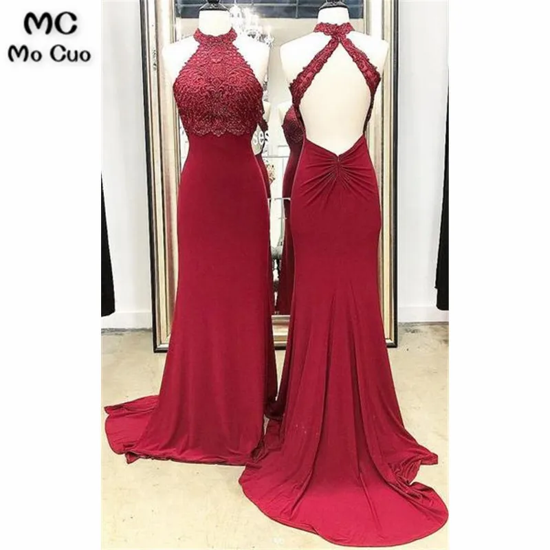

Elegant 2019 Sexy Open Back Prom dresses with Appliques Sweep Train Halter long graduation dresses Evening Prom Dress