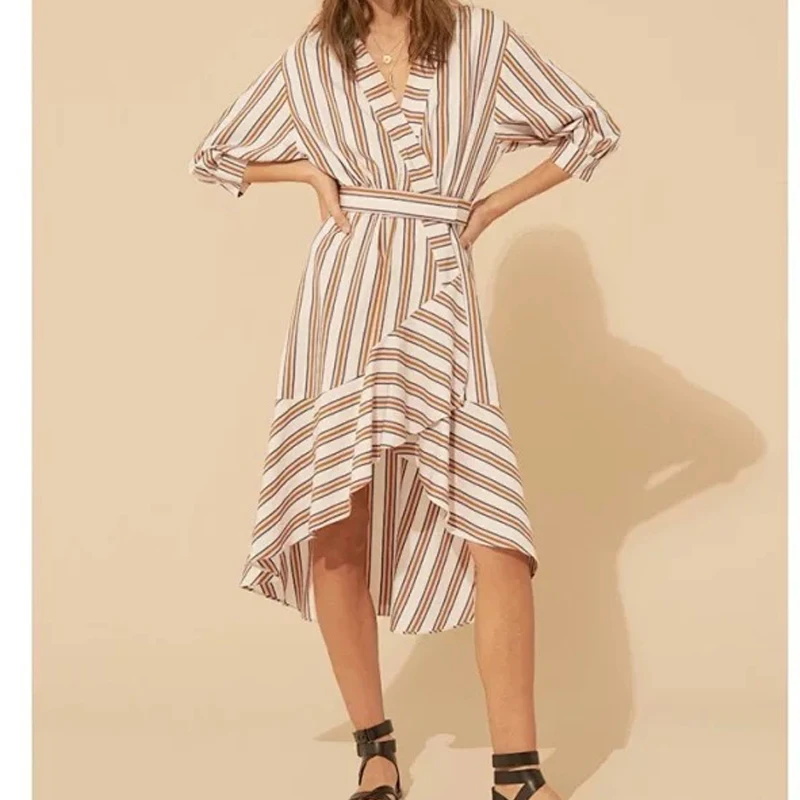 

Women Dress Chic Women V-neck Vertical Stripes Irregular Three Quarter Sleeve Midi Dress