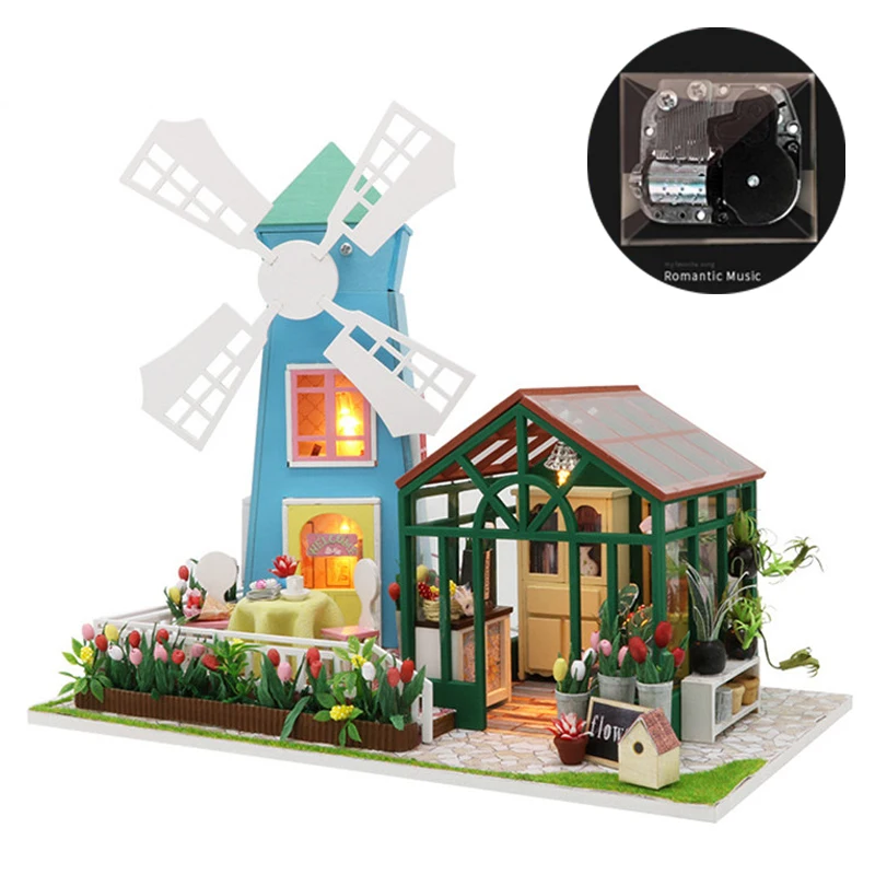 

Miniature Windmill Flower House Model Music Dollhouse Furniture Kits DIY Wooden Dolls House With Lights Children Birthday Gift