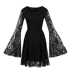 Bell Long Sleeve Lace Gothic Black Lace Halloween Dress Floral Lace Illusion Knee Length European Retro Vintage Dress 4xl Bell Long Sleeve Lace Gothic Black Lace Halloween Dress Floral Lace Illusion Knee Length European Retro Vintage Dress 4xl