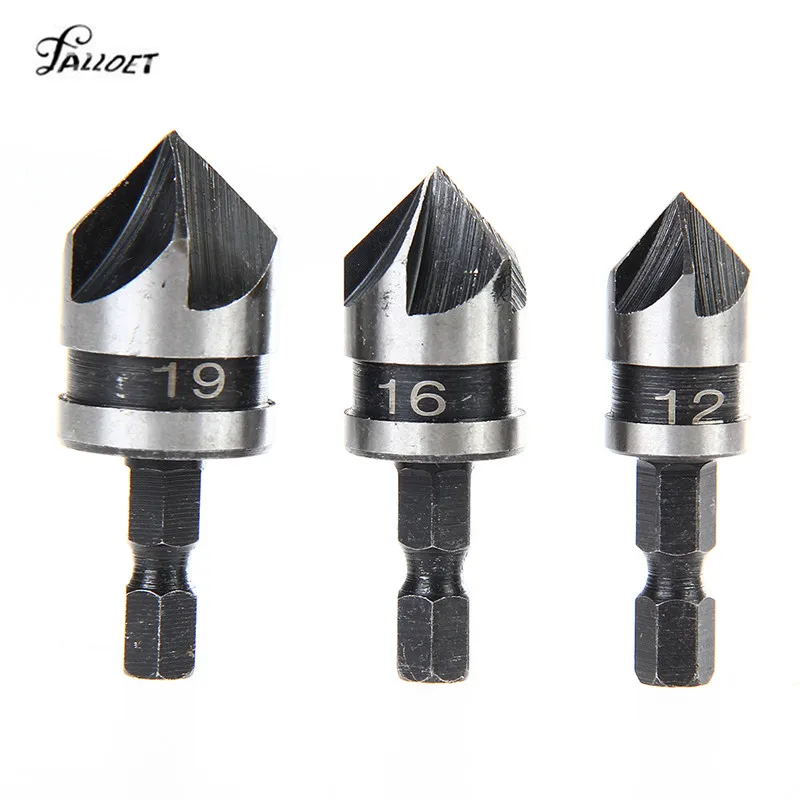 

3Pcs 5 Flute Chamfer Countersink Bit Drill Set HSS 90 Degree Woodworking Cutter Chamfer Tool 6mm-19mm Counter Sink Drill