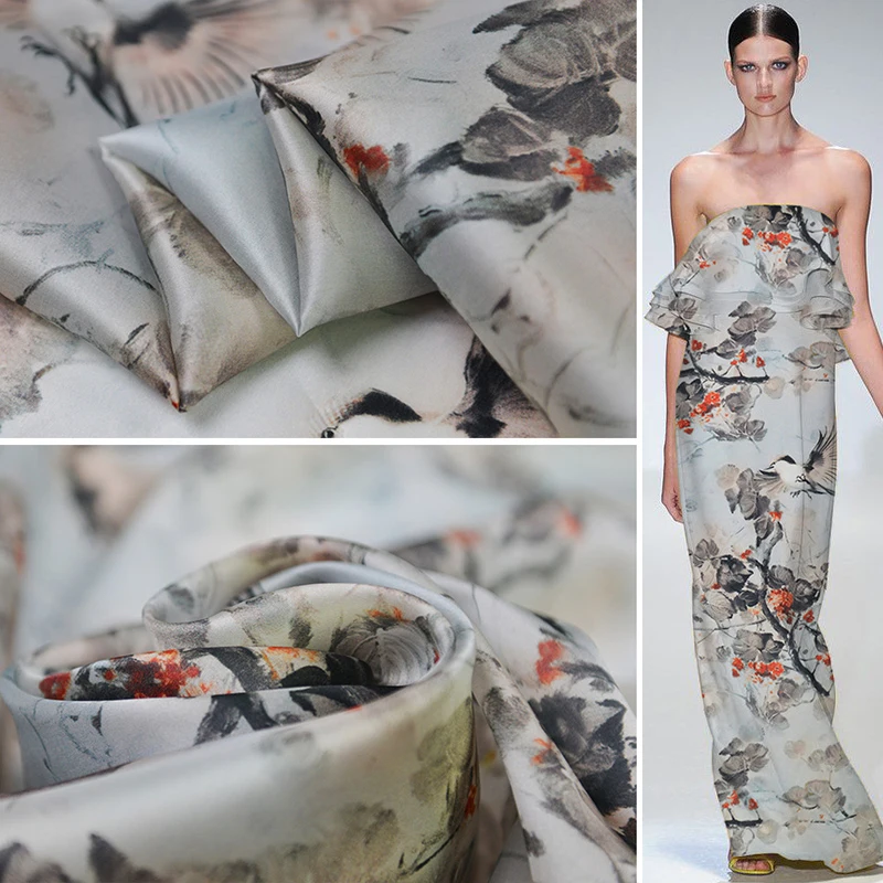 

Spring Dawn Spring Bird Paris Art Master Hand-painted Wind Digital Jet Painting Satin organza Silk Dress Fabric