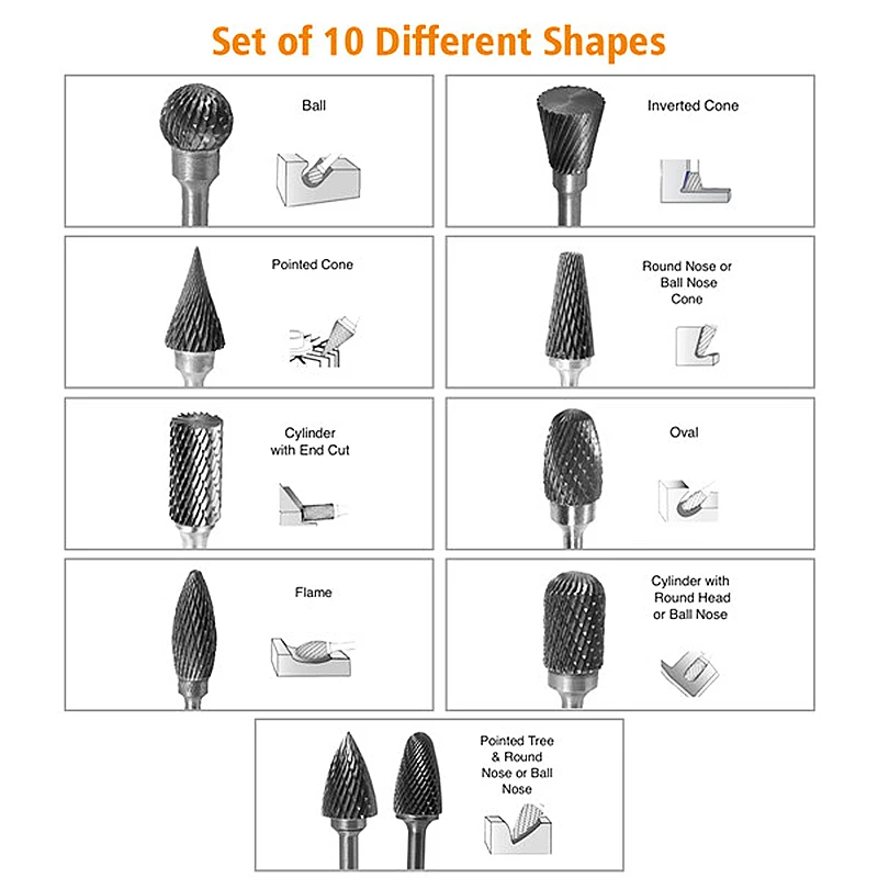 10 шт. 1/8 "хвостовик вольфрам карбида измельчители роторный инструмент Буровое Сверло двойной Diamond Cut роторный дремель инструменты