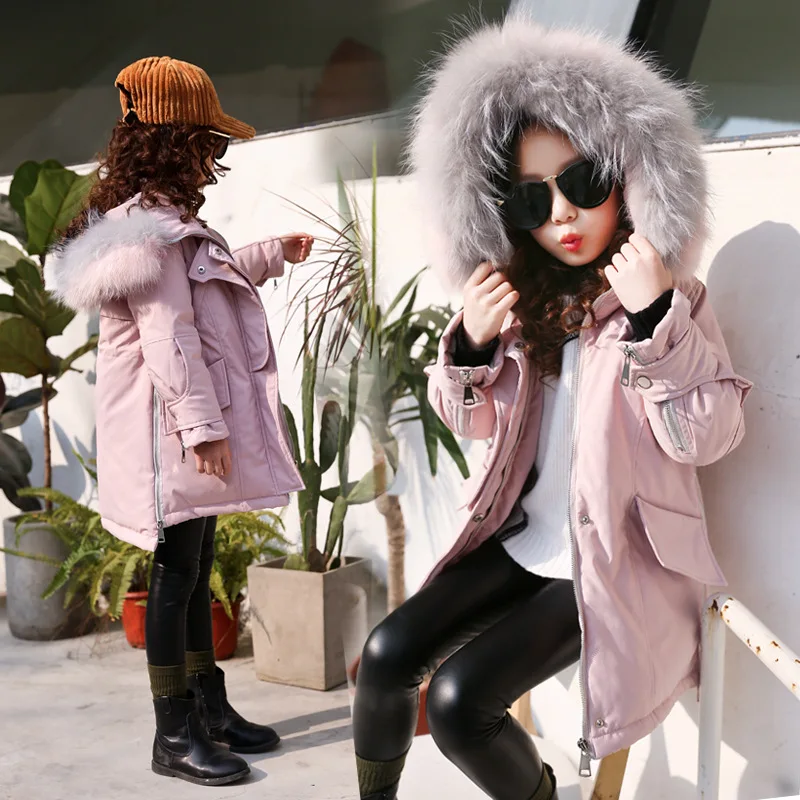 

Girls 4-12 Y Long Sleeve Hooded Fluffy Collar Fashion Mid-Long Coats Thicken Warm Cotton Windbreaker Winter Outdoor Jackets