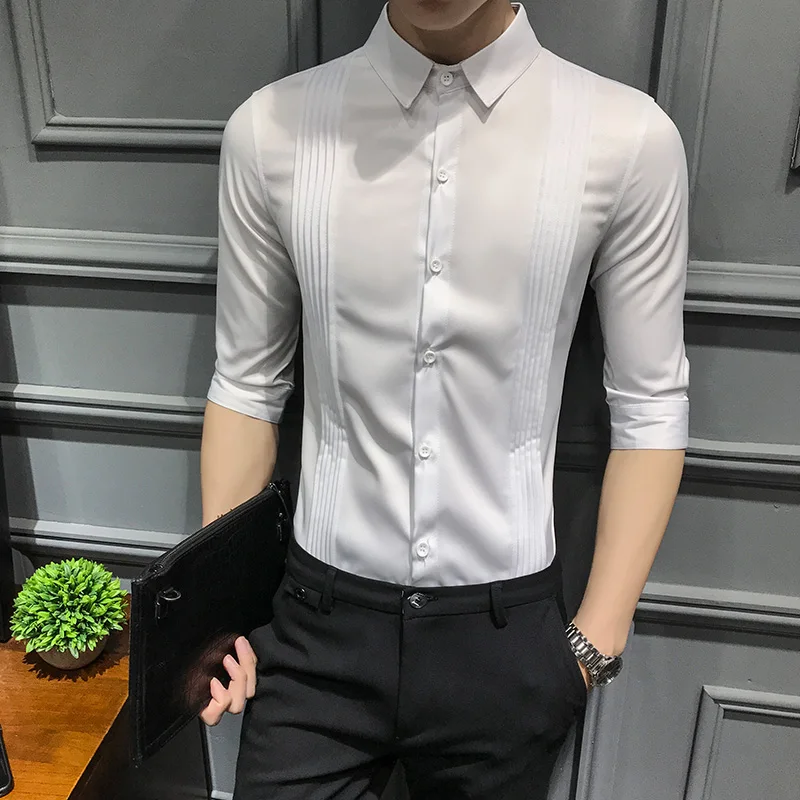 

2019 Men'S Youth Social Sleeve Sleeve Solid Color Elegant Party Formal Shirt High Quality Business Fashion Slim Men'S Shirt